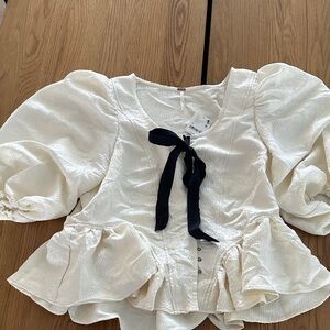 Free People Cream Puff Sleeve Top with Black Bow